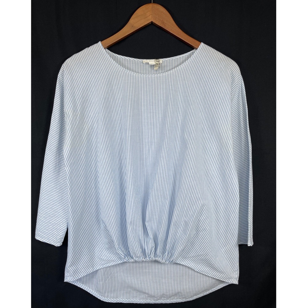COS Bubble Hem Striped Top i4 Blue White Cotton 3/4 Sleeve Preppy Coastal Light